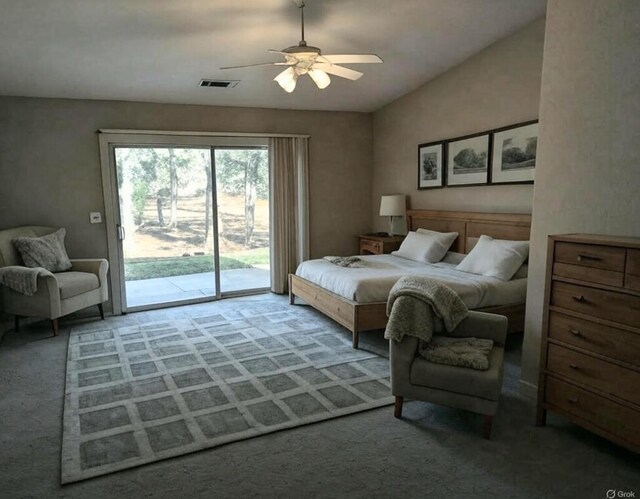 carpeted bedroom featuring visible vents, access to exterior, a ceiling fan, and lofted ceiling