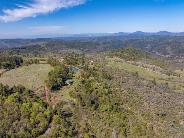 drone / aerial view featuring a view of trees and a mountain view