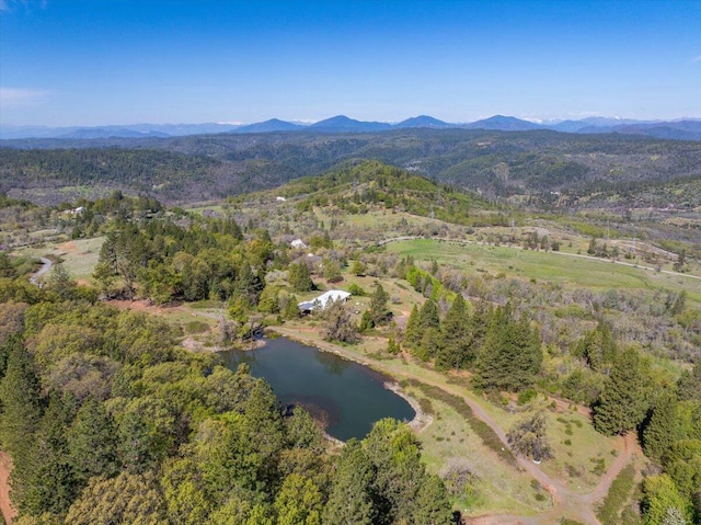 drone / aerial view featuring a wooded view and a water and mountain view