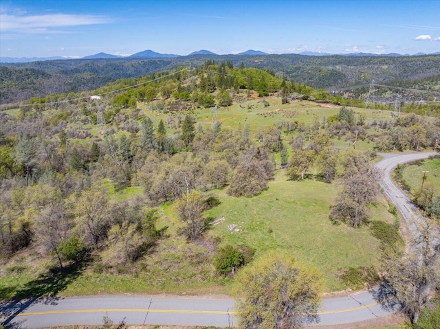 drone / aerial view with a forest view and a mountain view