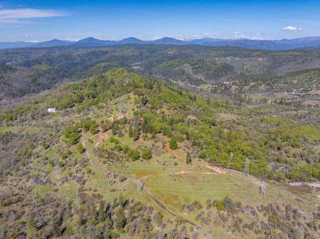 bird's eye view with a mountain view and a forest view