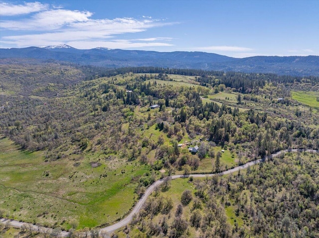 drone / aerial view with a wooded view and a mountain view