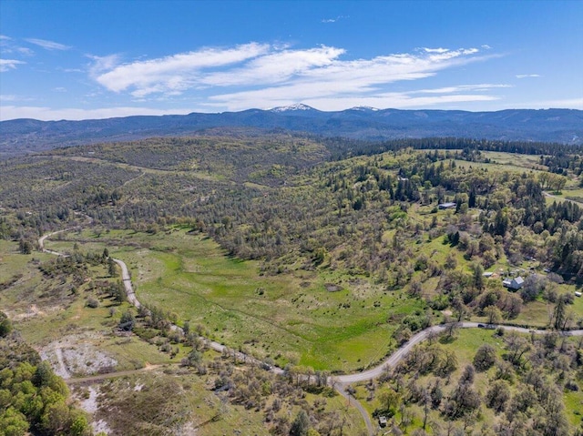 drone / aerial view featuring a wooded view and a mountain view