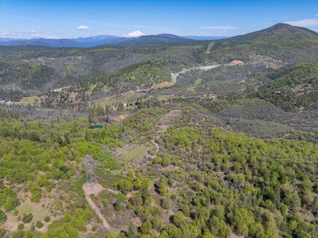 aerial view featuring a forest view and a mountain view