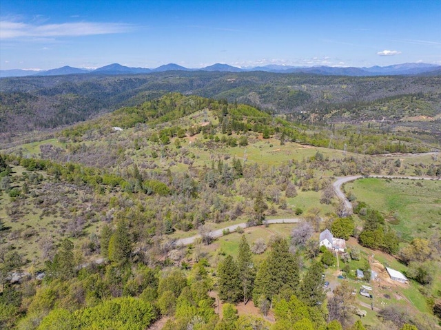 bird's eye view featuring a forest view and a mountain view