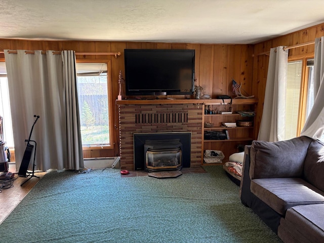 living area featuring wooden walls and wood finished floors
