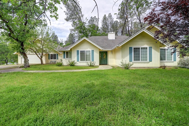 9400 Placer Rd, Redding, CA 96001 - ranch-style home featuring an attached garage, a chimney, a front lawn, driveway, and roof with shingles