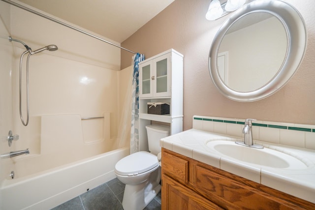 full bath featuring toilet, shower / tub combo with curtain, tile patterned floors, vanity, and backsplash