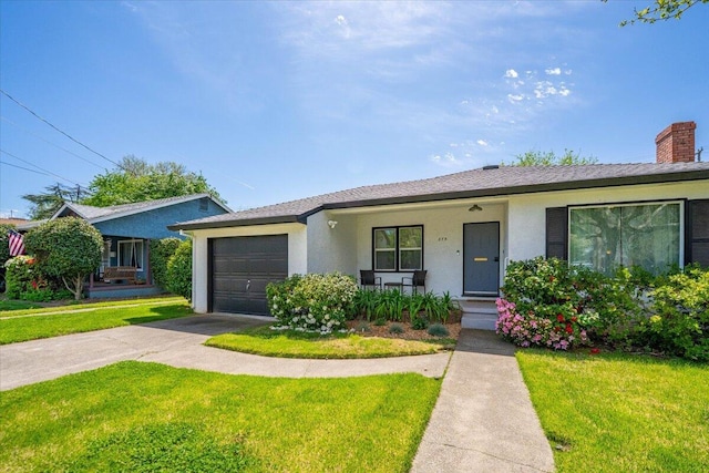 single story home featuring stucco siding, driveway, a front lawn, a porch, and a garage