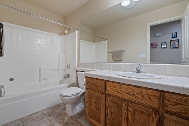 bathroom with shower / bathing tub combination, toilet, tile patterned flooring, and vanity
