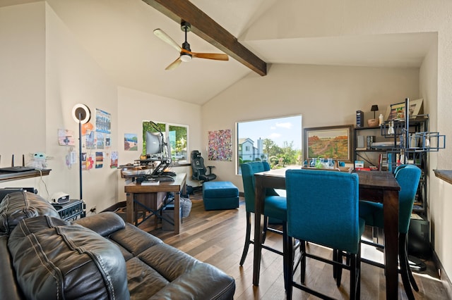 dining room with wood-type flooring, ceiling fan, and lofted ceiling with beams
