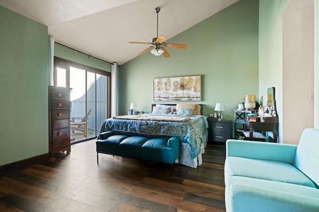 bedroom featuring hardwood / wood-style flooring, a ceiling fan, access to outside, and high vaulted ceiling