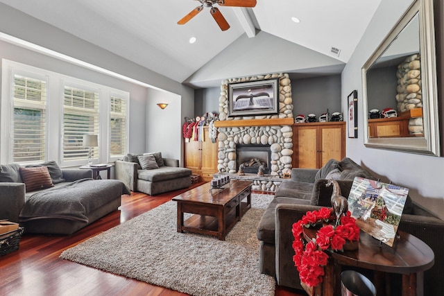 15320 Middletown Park Dr, Redding, CA 96001 - living area featuring wood finished floors, a ceiling fan, a stone fireplace, and recessed lighting