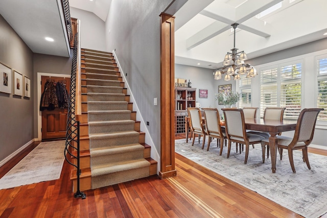15320 Middletown Park Dr, Redding, CA 96001 - dining space featuring hardwood / wood-style floors, stairs, a chandelier, and recessed lighting