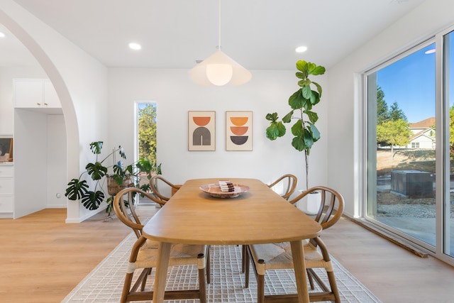dining space with light wood-type flooring, plenty of natural light, and arched walkways