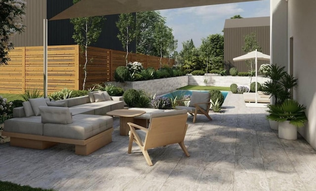 view of patio with fence and an outdoor living space