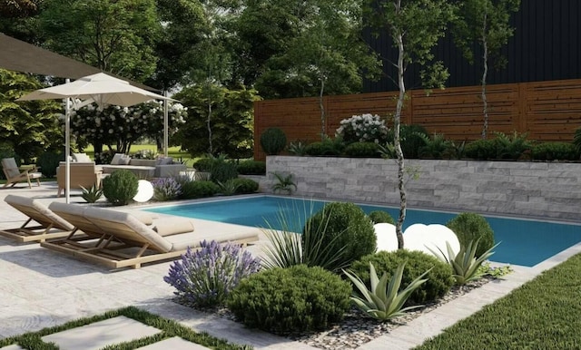 pool with fence and a patio