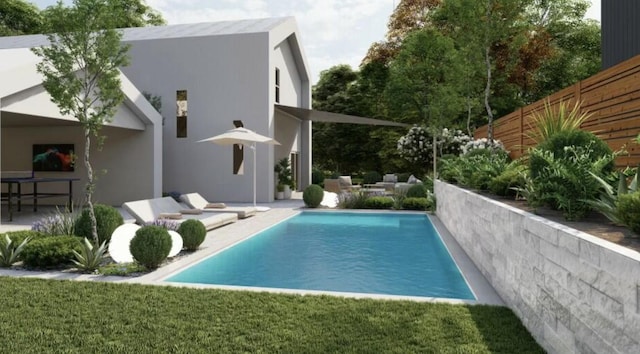 outdoor pool with a yard, a patio, and fence