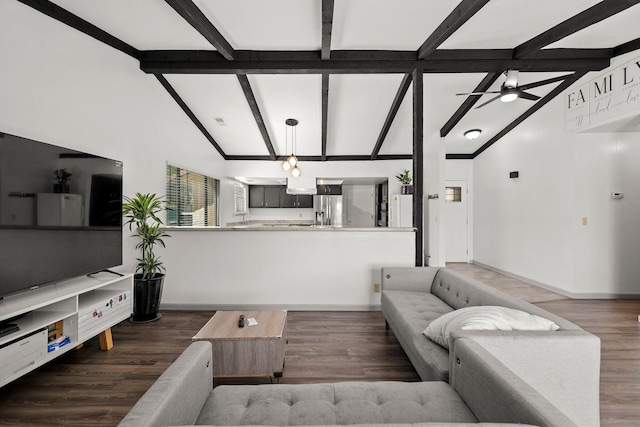 2831 Camulos Way, Redding, CA 96002 - living room with lofted ceiling with beams, baseboards, wood finished floors, and ceiling fan