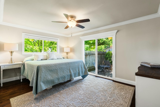 6860 Riata Dr, Redding, CA 96002 - bedroom with wood finished floors, access to exterior, crown molding, and baseboards