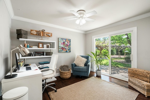 6860 Riata Dr, Redding, CA 96002 - home office featuring crown molding, wood finished floors, and a ceiling fan