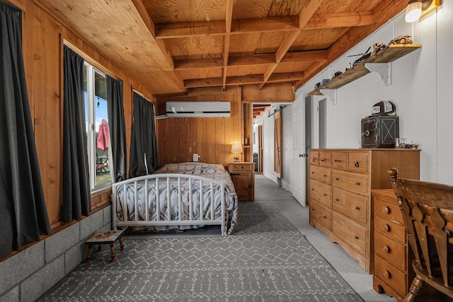 4647 County Road Ff, Orland, CA 95963 - bedroom featuring a wall mounted air conditioner, wood ceiling, wood walls, and beamed ceiling
