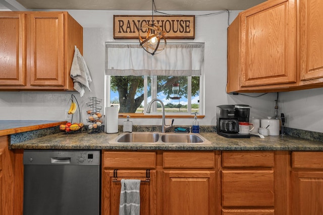 4647 County Road Ff, Orland, CA 95963 - kitchen with stainless steel dishwasher, a sink, dark countertops, and brown cabinets