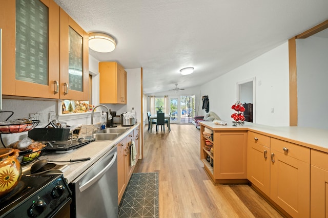 kitchen featuring a sink, open floor plan, light wood-style floors, dishwasher, and light countertops