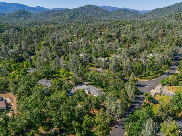 birds eye view of property featuring a view of trees and a mountain view