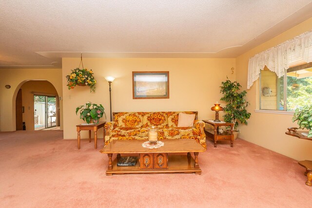living room with a wealth of natural light, carpet floors, arched walkways, and a textured ceiling
