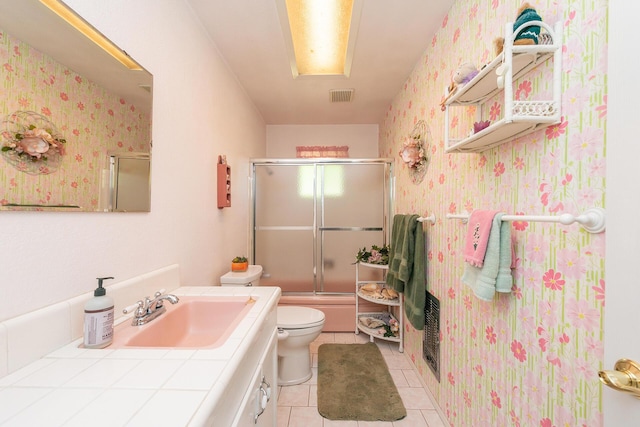 full bath with toilet, visible vents, wallpapered walls, tile patterned flooring, and vanity