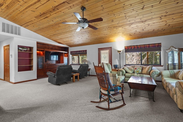 living area featuring visible vents, carpet, lofted ceiling, ceiling fan, and wood ceiling