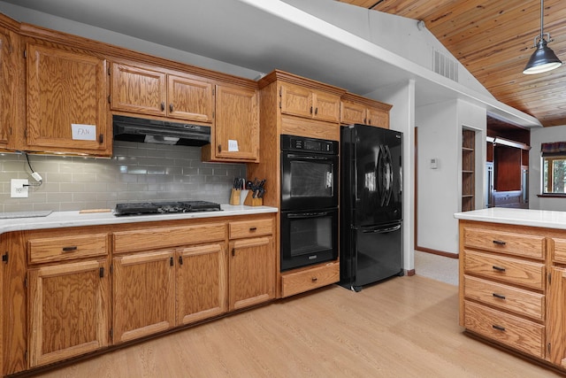 kitchen featuring lofted ceiling, wooden ceiling, under cabinet range hood, and black appliances