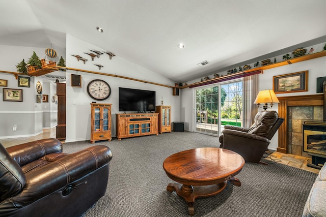 living room featuring carpet floors, a tile fireplace, lofted ceiling, visible vents, and recessed lighting