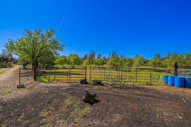 view of yard featuring a rural view, fence, and a gate