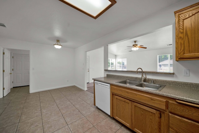 22496 Rio Alto Dr, Cottonwood, CA 96022 - kitchen with a sink, dishwasher, brown cabinets, and a ceiling fan