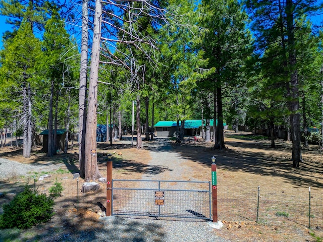 exterior space featuring a gate, a gated entry, and gravel driveway