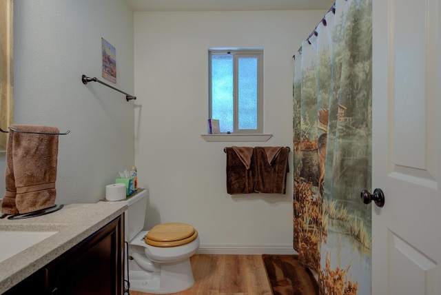 full bathroom with wood finished floors, toilet, vanity, baseboards, and a shower with shower curtain