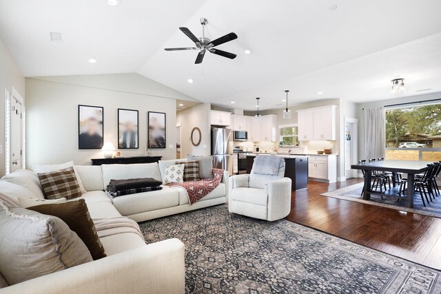 22070 Lassen View Dr, Palo Cedro, CA 96073 - living area with recessed lighting, lofted ceiling, visible vents, a ceiling fan, and dark wood-type flooring