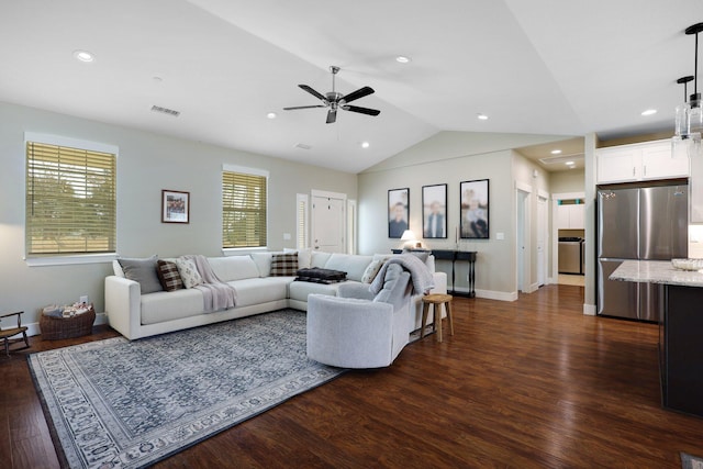 22070 Lassen View Dr, Palo Cedro, CA 96073 - living area with recessed lighting, lofted ceiling, dark wood-style flooring, baseboards, and ceiling fan