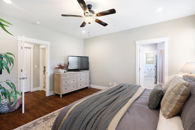 22070 Lassen View Dr, Palo Cedro, CA 96073 - bedroom featuring baseboards, recessed lighting, wood finished floors, ceiling fan, and ensuite bath