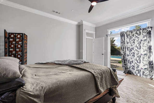 carpeted bedroom with access to outside, ornamental molding, a ceiling fan, and visible vents