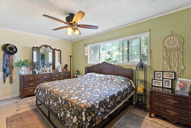 19715 Reed Rd, Cottonwood, CA 96022 - carpeted bedroom with a textured ceiling, ornamental molding, and ceiling fan