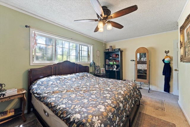 19715 Reed Rd, Cottonwood, CA 96022 - bedroom with a textured ceiling, carpet floors, ceiling fan, crown molding, and baseboards