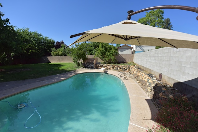 view of swimming pool with a fenced backyard, a fenced in pool, and a lawn