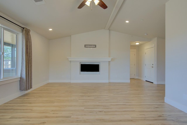 3503 Americana Way, Redding, CA 96003 - unfurnished living room with a ceiling fan, lofted ceiling with beams, light wood-style flooring, a fireplace, and baseboards