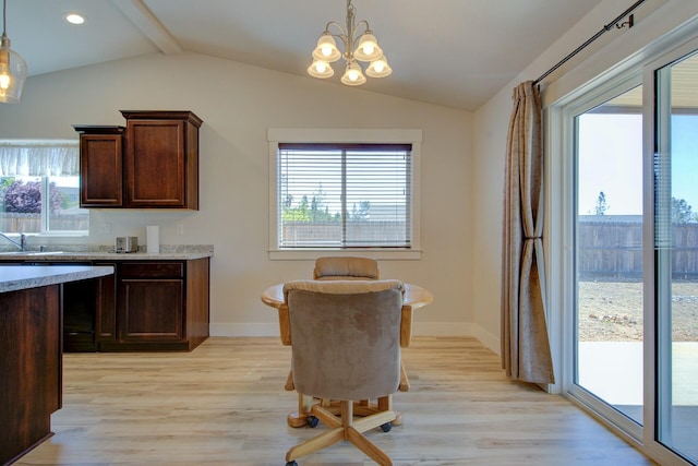 3503 Americana Way, Redding, CA 96003 - dining area featuring lofted ceiling with beams, light wood-type flooring, an inviting chandelier, baseboards, and recessed lighting