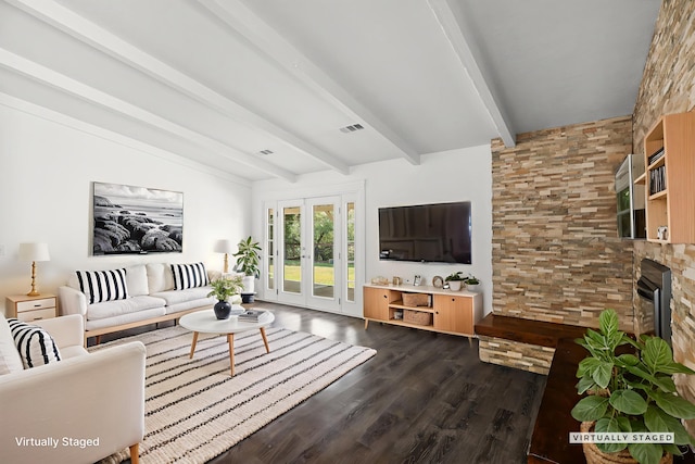 2633 Forest Ct, Redding, CA 96002 - living area with dark wood finished floors, french doors, and a fireplace