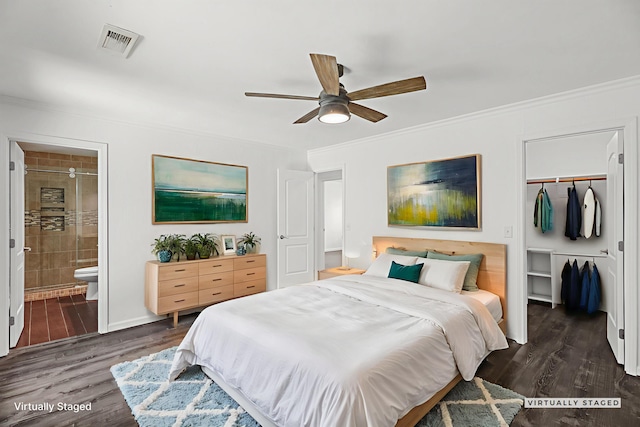 2633 Forest Ct, Redding, CA 96002 - bedroom with crown molding, wood finished floors, a spacious closet, ensuite bath, and a ceiling fan