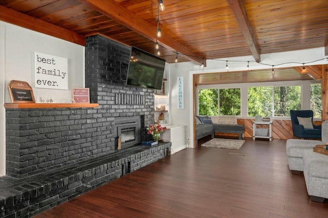 19817 Oak Knoll Dr, Lakehead, CA 96051 - living room featuring beam ceiling, wood finished floors, and wood ceiling